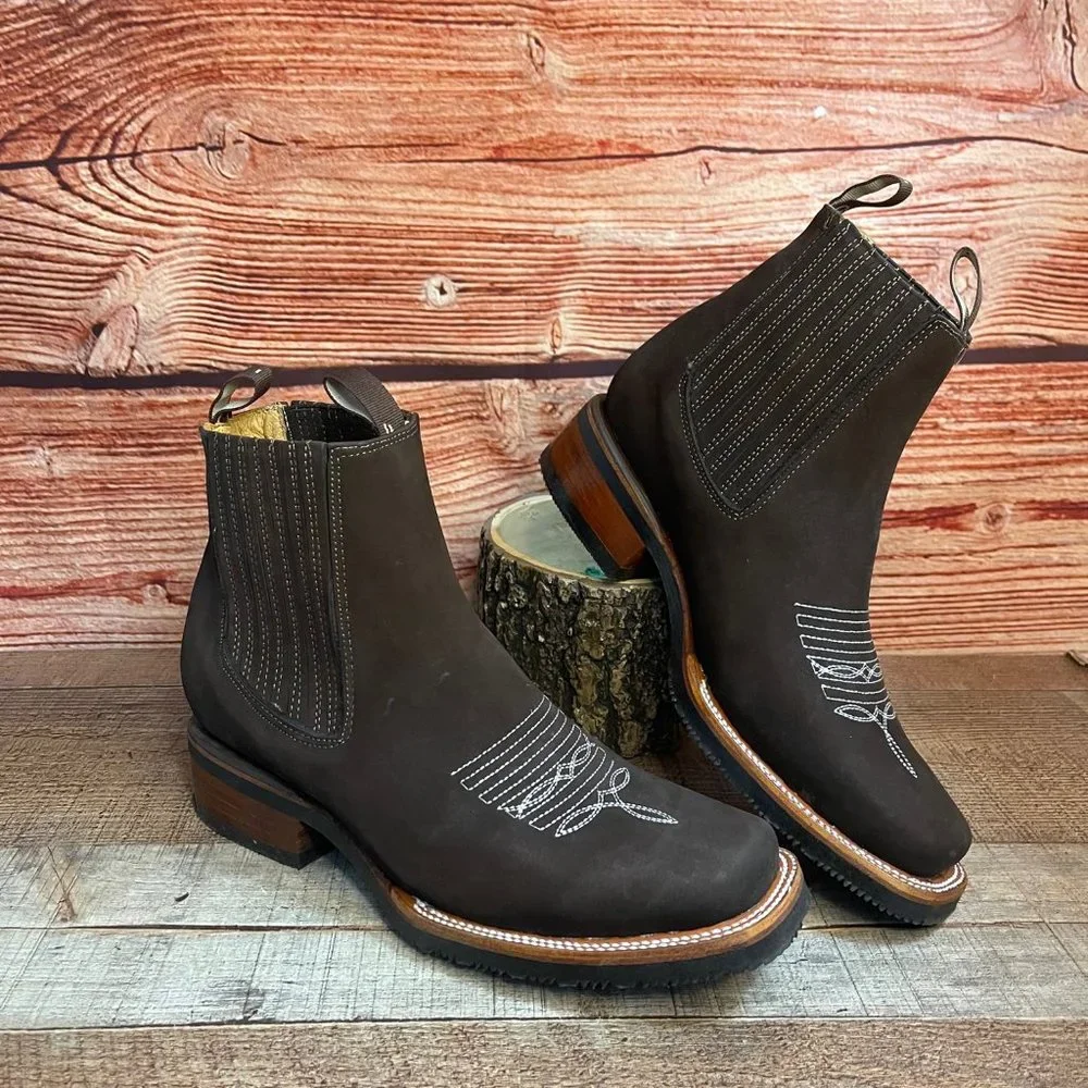 MEN LEATHER WESTERN COWBOY RODEO CHELSEA ANKLE HALF BOOTS BOTIN VAQUERO CAFE - Picture 1 of 10